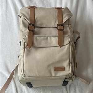 Beige Canvas Camera Backpack with Leather Straps